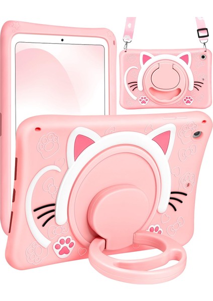 Apple iPad 7. Nesil 10.2 (2019) Çocuklar Için Askılı Standlı 3D Kedi Figürlü Silikon Kılıf A2197 A2200 A2198