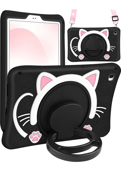 Samsung Galaxy Tab A7 Lite 8.7 (2021) Çocuklar Için Askılı Standlı 3D Kedi Figürlü Silikon Kılıf SM-T220/T225/T227