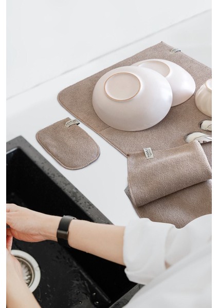 Tekno Trust Bej Bej-Gri Microwell 3 Prç Set Microfiber Bulaşık Kurutma Matı Mutfak Seti 3'lü Kurulama Bezi Örtü