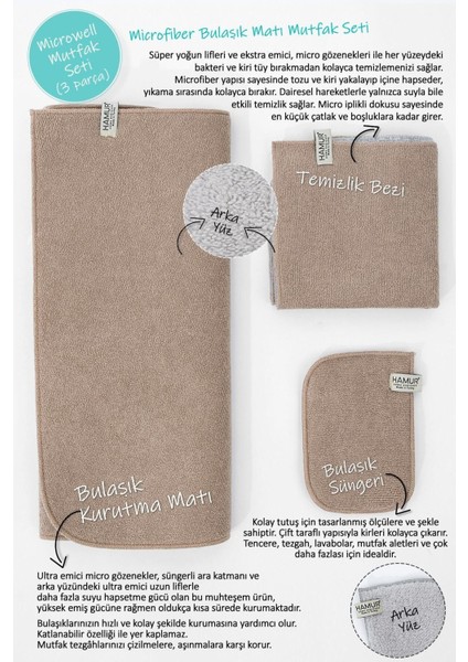 Tekno Trust Bej Bej-Gri Microwell 3 Prç Set Microfiber Bulaşık Kurutma Matı Mutfak Seti 3'lü Kurulama Bezi Örtü fiyatları