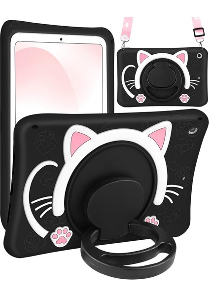 Apple iPad 7. Nesil 10.2 (2019) Çocuklar Için Askılı Standlı 3D Kedi Figürlü Silikon Kılıf A2197 A2200 A2198