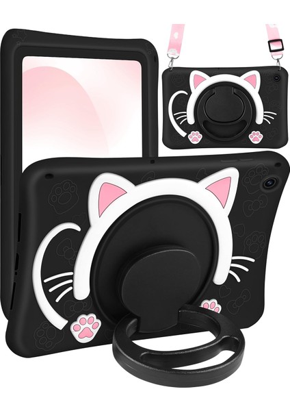 Samsung Galaxy Tab S9 10.9 (2023) Çocuklar Için Askılı Standlı 3D Kedi Figürlü Silikon Kılıf SM-X710 X716B X718U