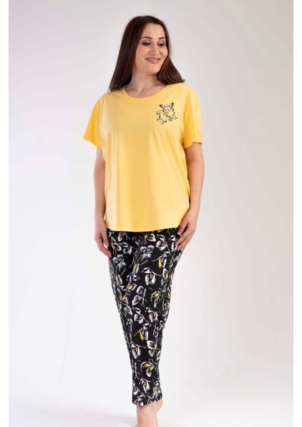 Kadın Büyük Beden Sarı Bisiklet Yaka Desen Oval Etek Kısa Kollu Opened Penye Pijama Takımı