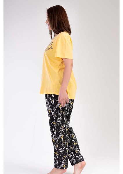 Kadın Büyük Beden Sarı Bisiklet Yaka Desen Oval Etek Kısa Kollu Opened Penye Pijama Takımı