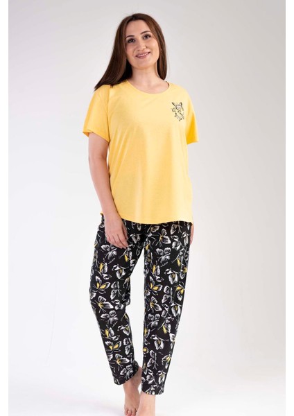 Kadın Büyük Beden Sarı Bisiklet Yaka Desen Oval Etek Kısa Kollu Opened Penye Pijama Takımı