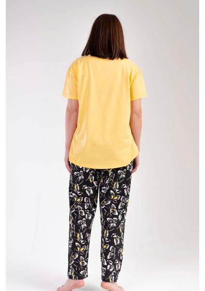 Kadın Büyük Beden Sarı Bisiklet Yaka Desen Oval Etek Kısa Kollu Opened Penye Pijama Takımı