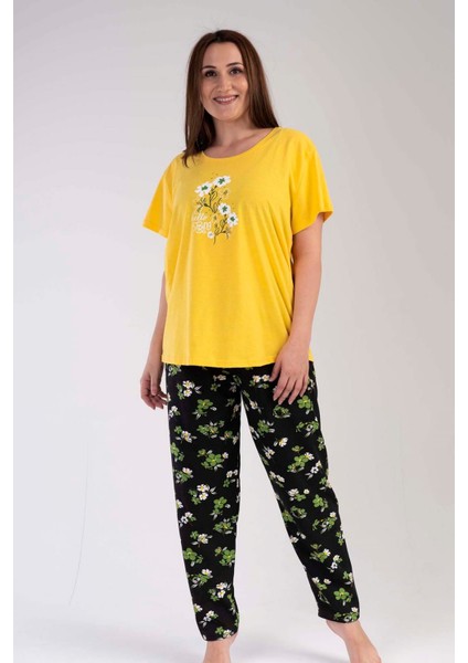 Kadın Sarı Kısa Kollu Desenli Oval Etek Süprem Pijama Takımı