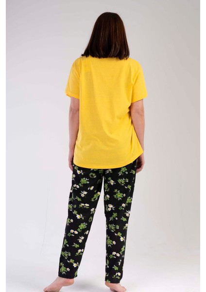 Kadın Sarı Kısa Kollu Desenli Oval Etek Süprem Pijama Takımı