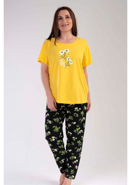 Kadın Sarı Kısa Kollu Desenli Oval Etek Süprem Pijama Takımı