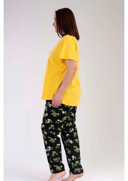 Kadın Sarı Kısa Kollu Desenli Oval Etek Süprem Pijama Takımı