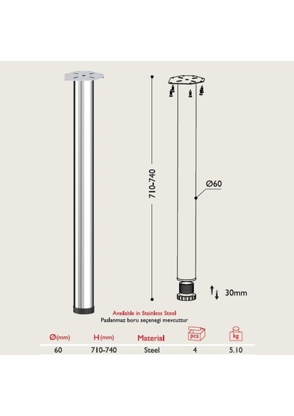 Masa Ayağı - 60MM Çeşitli Renkler 71CM (4 Adet) Krom Kaplama
