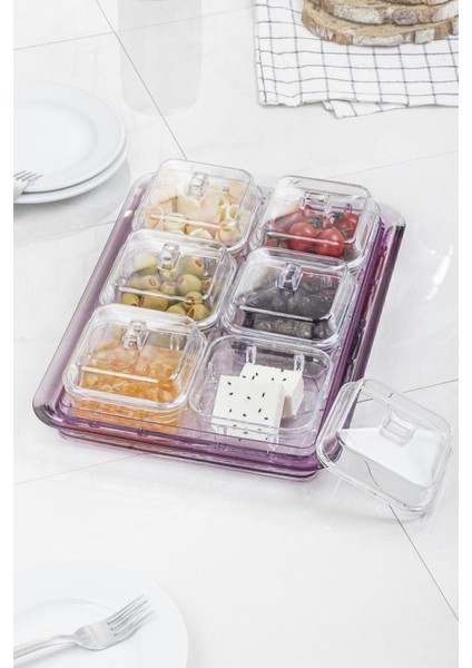 Tekno Trust 11-15 Akrilik Mürdüm 6’lı Kapaklı Kahvaltılık Kahvaltı Seti & Saklama Kabı (Cam Değildir) Beyaz Pla