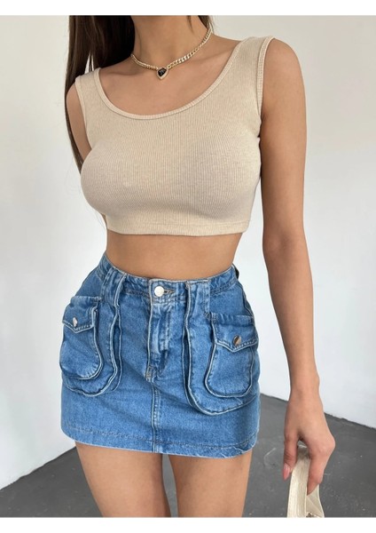 Kadın Kalın Askılı U Yaka Kaşkorse Crop Top