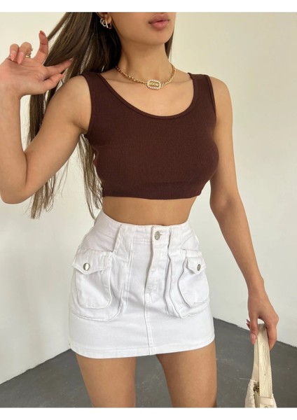 Kadın Kalın Askılı U Yaka Kaşkorse Crop Top