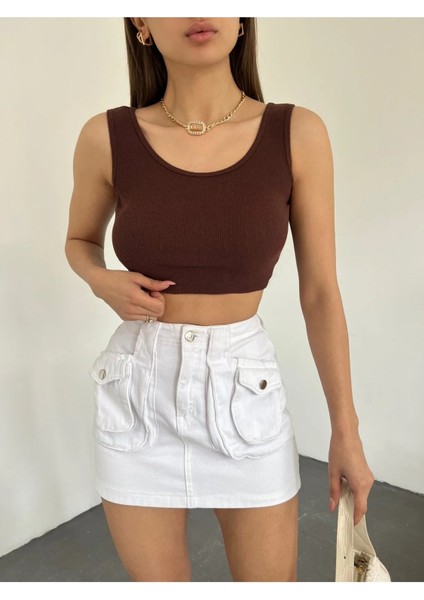 Kadın Kalın Askılı U Yaka Kaşkorse Crop Top