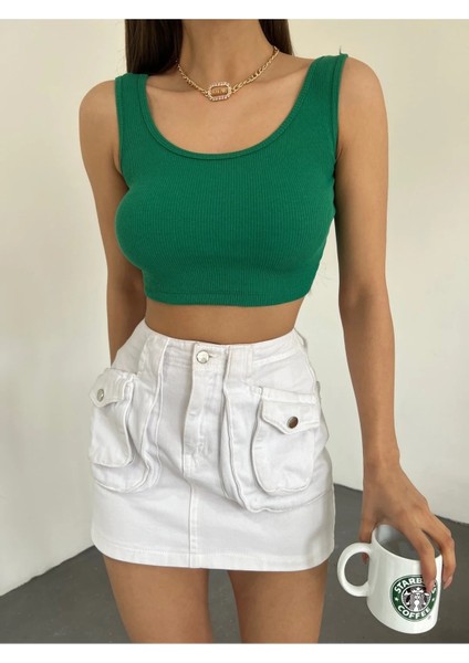 Kadın Kalın Askılı U Yaka Kaşkorse Crop Top