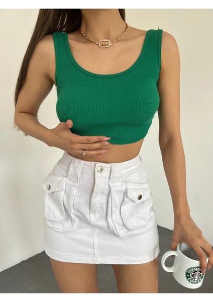 Kadın Kalın Askılı U Yaka Kaşkorse Crop Top