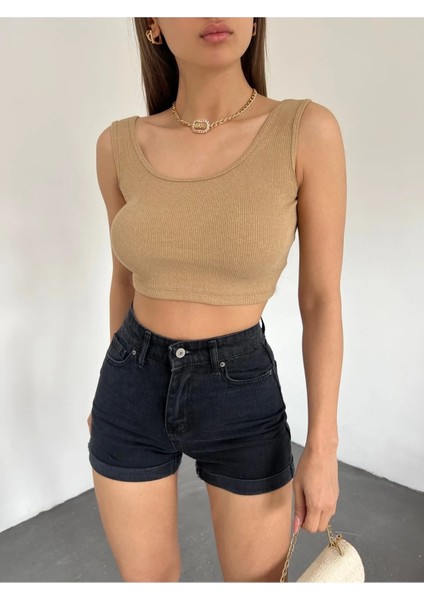 Kadın Kalın Askılı U Yaka Kaşkorse Crop Top