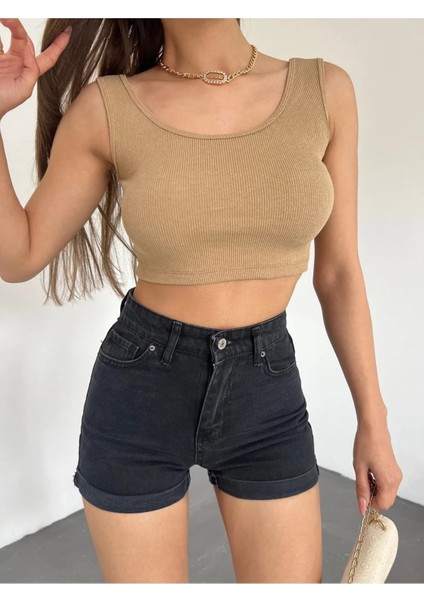 Kadın Kalın Askılı U Yaka Kaşkorse Crop Top