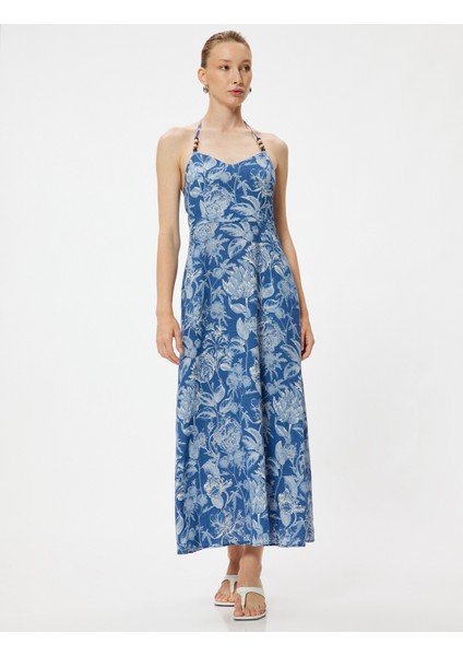 Çiçekli Boyundan Bağlamalı Elbise Midi Boy Keten Karışımlı Cepli fiyatları