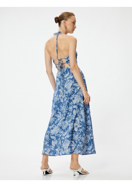 Çiçekli Boyundan Bağlamalı Elbise Midi Boy Keten Karışımlı Cepli fırsatları