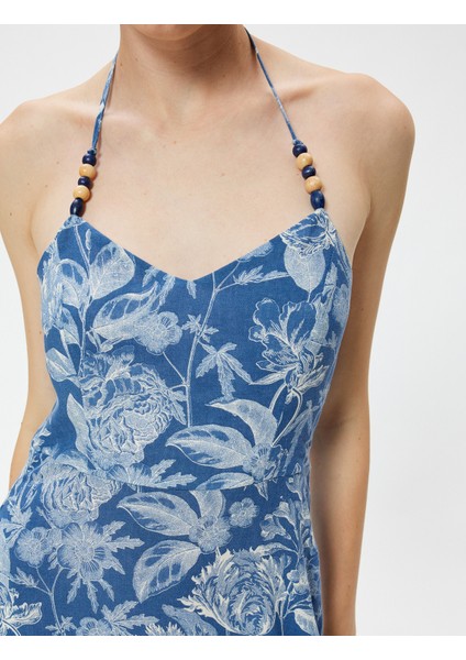 Çiçekli Boyundan Bağlamalı Elbise Midi Boy Keten Karışımlı Cepli indirimleri