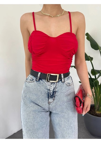 Kadın Büzgülü Gloplu Askılı Crop Top Büstiyer