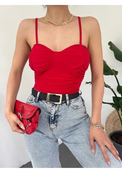 Kadın Büzgülü Gloplu Askılı Crop Top Büstiyer