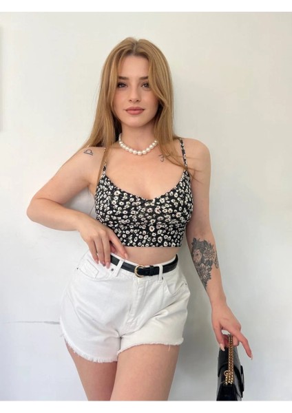 Kadın Askılı Çiçek Desenli Crop Top Bluz