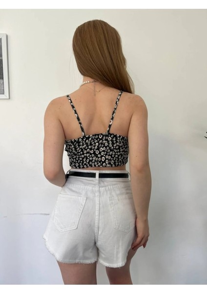 Kadın Askılı Çiçek Desenli Crop Top Bluz