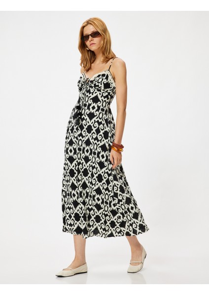 Midi Boy Askılı Viskon Elbise Etnik Desenli Önden Bağlama Detaylı