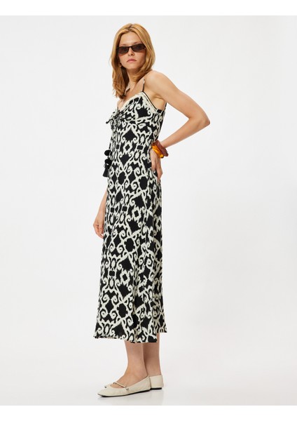 Midi Boy Askılı Viskon Elbise Etnik Desenli Önden Bağlama Detaylı fiyatları