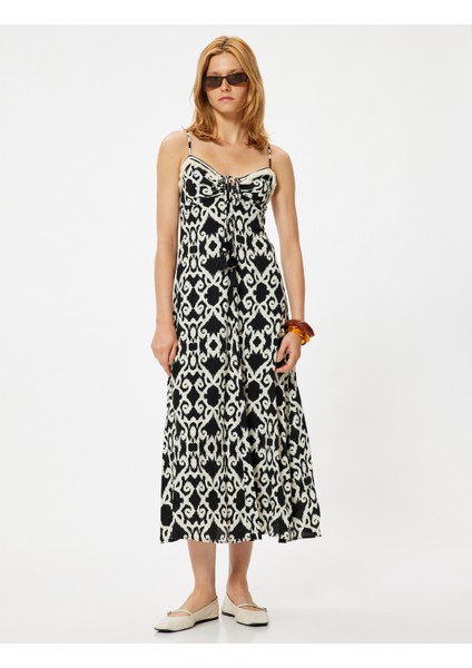 Midi Boy Askılı Viskon Elbise Etnik Desenli Önden Bağlama Detaylı modelleri