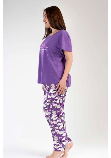 Kadın Mor Kısa Kollu Çiçek Desenli Bisiklet Yaka Oval Etek Süprem Pijama Takımı modelleri