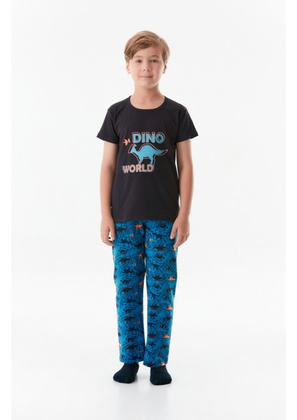 Dinozor Baskılı Bisiklet Yaka Erkek Çocuk Pijama Takımı