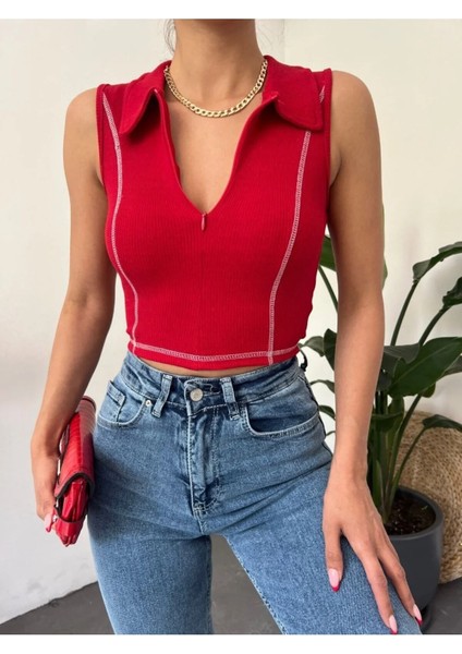 Fav Style Kadın Fermuarlı Polo Yaka Kolsuz Ters Dikiş Detaylı Crop Bluz