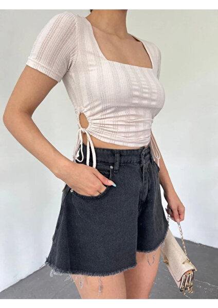 Fav Style Kadın Kısa Kollu Kare Yaka Yanları Büzgülü Crop Bluz