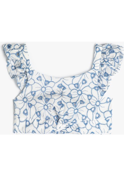 Crop Bluz Askılı Fırfırlı Çiçek Desenli Fisto Detaylı