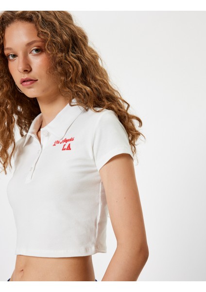 Crop Tişört Polo Yaka Düğmeli Kısa Kollu Kolej Işlemeli Slim Fit