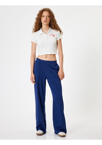 Crop Tişört Polo Yaka Düğmeli Kısa Kollu Kolej Işlemeli Slim Fit