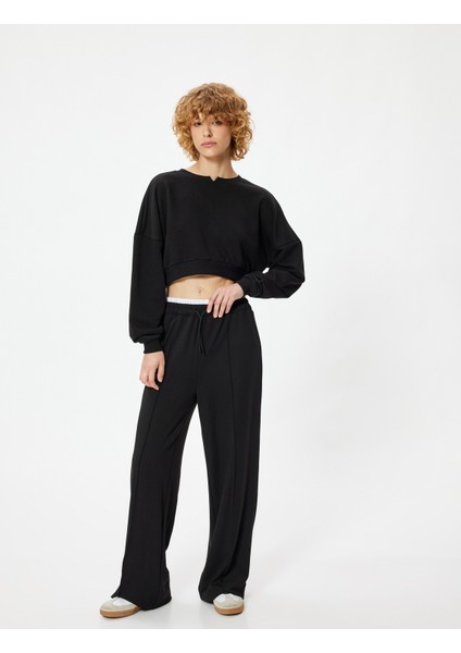 Crop Sweatshirt Bisiklet Yaka Ribanalı Uzun Kollu Rahat Kalıp