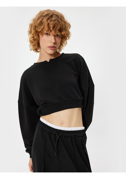 Crop Sweatshirt Bisiklet Yaka Ribanalı Uzun Kollu Rahat Kalıp