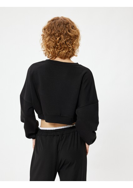 Crop Sweatshirt Bisiklet Yaka Ribanalı Uzun Kollu Rahat Kalıp