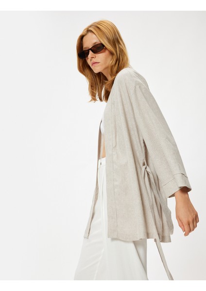 Keten Oversize Kimono Geniş Uzun Kol Kuşak Detaylı fiyatları
