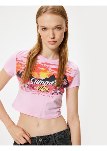 Crop Tişört Kısa Kollu Slogan Baskılı Bisiklet Yaka Slim Fit