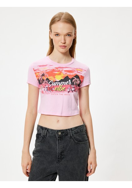 Crop Tişört Kısa Kollu Slogan Baskılı Bisiklet Yaka Slim Fit