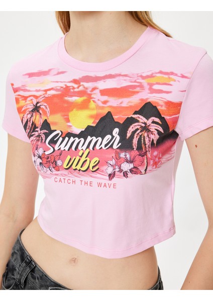 Crop Tişört Kısa Kollu Slogan Baskılı Bisiklet Yaka Slim Fit
