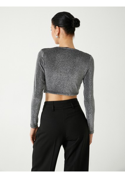 Abiye Bluz Crop Simli Uzun Kollu V Yaka Büzgülü fırsatları