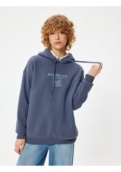 Arkası Baskılı Sweatshirt Kapüşonlu Oversize Kolej Temalı Uzun Kollu