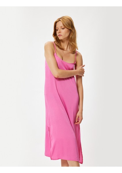 Ince Askılı Midi Boy Elbise Yırtmaç Detaylı Krep Kumaş fiyatları